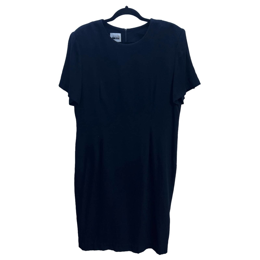 Vintage Leslie Fay Midi Dress Women's 16 Black Short Sleeve Zip Shoulder Pads